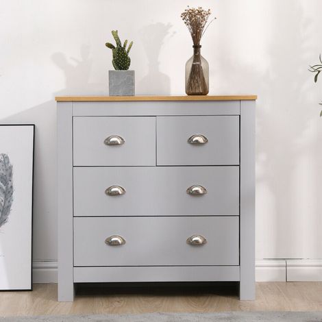 FURNITURE HMD Multi Wooden Storage Cabinet Drawer Chests,2+2 Drawers Sideboard Multi-Storage Unit,Grey+Oak,79x35x81cm(WxDxH) (1/4)