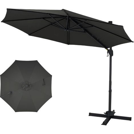 Parasol déporté gris 3x3 m avec 8 baleines, manivelle, 6 positions et rotation à 360 pour terrasse, jardin et piscine