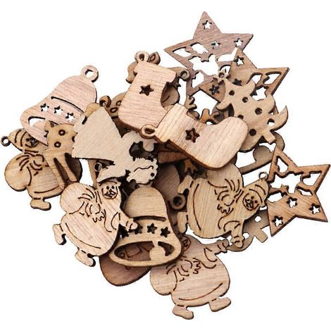 100 pièces de rondelles de bois de Noël, pendentifs à suspendre style dessin animé vintage, mini-copeaux de bois-3X3X0.3cm (1/2)