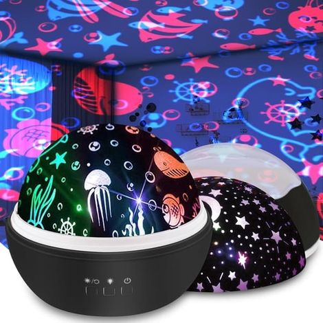 Lampe projecteur pour bébé, projecteur de vagues océaniques rotatif à 8 couleurs avec étoiles et thème sous-marin pour un sommeil paisible des enfants et des adultes - Noir (1/4)