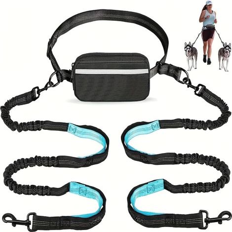Laisse réglable mains libres pour chien, double poignée, corde élastique rétractable, clips métalliques robustes, noir bleu sarcelle, laisse durable pour chiens de taille moyenne et grande pour la (1/5)