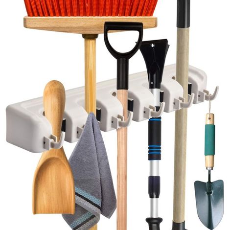 Wandhalterung für Besen und Mopp mit 5 Positionen und 6 Haken zur Aufbewahrung von Küchenutensilien, Gartenmöbeln, Garagen und Badezimmern – Crezuo