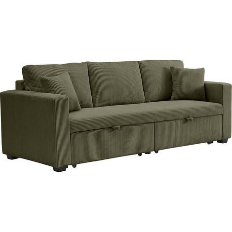Bestmobilier – Canapé droit 3 places convertible en velours côtelé – Couchage occasionnel 194x113 cm – Compact et tendance – Idéal pour petits espaces