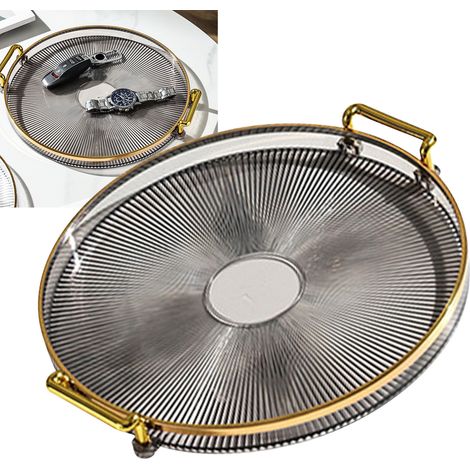 Plateau rond avec poignées, plateau de service rond transparent multi-usage pour pain, fruits, desserts et collations, cuisine et salle de bain, couleur or suie. (1/5)