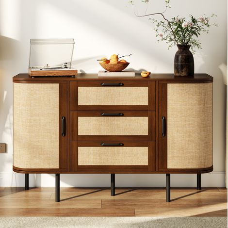 Credenza in MDF effetto noce con 2 ante, 3 cassetti e gambe in metallo 120 x 40 x 82 cm OKWISH (1/5)
