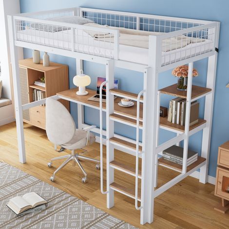 Hochbett 90×200 cm, Einzelbett mit Schreibtisch, Regalen und Leiter mit 5 Stufen, ohne Matratze, aus Metall und Holz, Weiß und Natur (1/5)