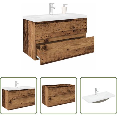 vidaXL Vasque intégrée - Meuble lavabo avec bassin et robinet intégrés vieux bois (1/5)