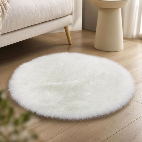 Tapis rond en fausse fourrure synthétique blanche, diamètre 60 cm, doux et moelleux pour salon ou chambre, lavable en machine (1/4)