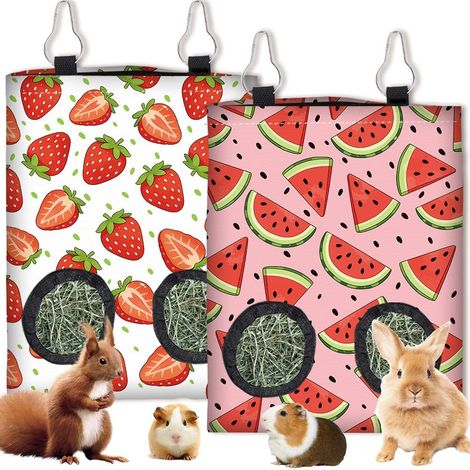 2 Pieces 2 Styles Strawberry Hay Dispenser Bag for Guinea Pigs and Chinchillas 11.6 x 9.1 Inches Small Pet Hay Bag with 2 Holes Strawberry Watermelon Fabric (1/5)