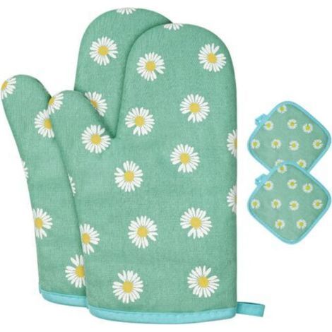 Gants de Four, 1 Paire Gants de Cuisine Coton avec 2 Maniques Cuisine, Lavable Gant Cuisine Four, Gants de Cuisine Antidérapants, Gant Cuisine Anti Chaleur pour Barbecue, Cuisson (fleurs vert