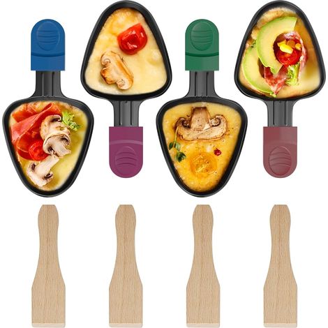 Lot de 4 Poelon Raclette Triangulaire à Revêtement Anti-adhésif,Coupelle Raclette Berbecue Triangle avec Poignée Colorée Isolée pour Fromage Fondu Oeuf Frit,4 Pcs Spatules en Bois (1/5)
