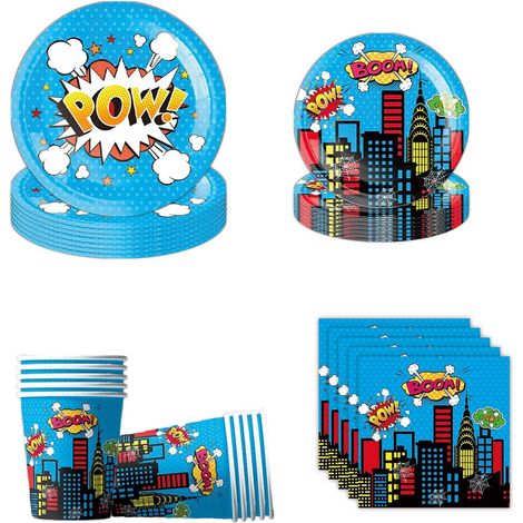 Hero City Super-héros Vaisselle, Superhero Party Tableware, Héros Thème Ensemble de Fournitures de Fête pour Super Héros Vaisselle Thème Anniversaire (Bleu) (1/5)