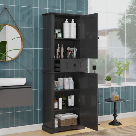 Badezimmerschrank MDF Schwarz 56 cm mit 2 Türen, 1 Schublade und verstellbaren Einlegeböden (1/5)