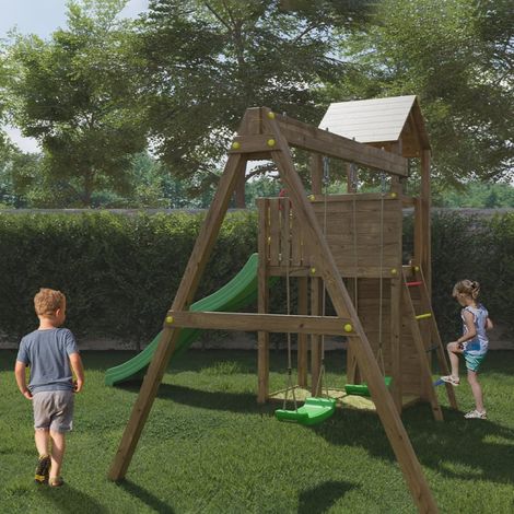 Casetta per bimbi e altalena Fungoo BOOMER 3 giochi da giardino in legno (1/5)