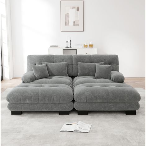 Divano modulare angolare grigio in ciniglia con 2 pouf mobili e cuscini lombari (1/5)