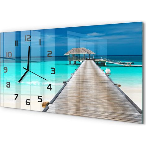 Horloge Murale Panoramique Moderne 60x30 cm Verre Trempé Sans Tic-Tac Passerelle en bois (1/5)