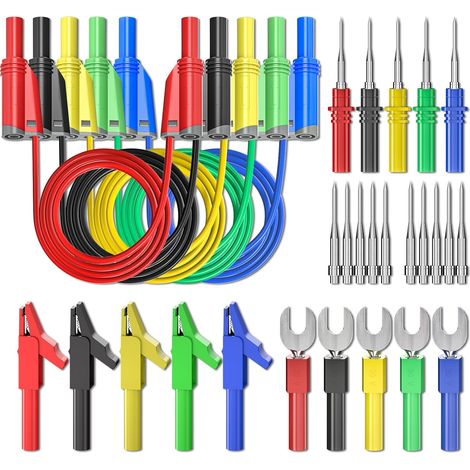 5-teiliges Bananenstecker-Silikon-Messleitungsset, 4 mm vollisolierter, stapelbarer Bananenstecker mit Krokodilklemmen, Prüfgabel, hintere Prüfstifte für Multimeter (1/4)