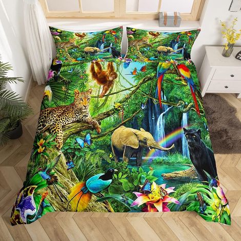 Zoom Thème Housse de Couette Léopard Éléphant Singe Oiseau Parure de Lit 200x200cm Papillon Serpent Botanique Ensembles de Housse de Couette pour Enfants Chambre Décor Avec 2 Taie d'oreiller - 200x200 (1/5)