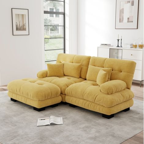 Canapé d’angle 220/145/81 cm en chenille jaune, style cloud avec poufs mobiles et coussins (1/5)