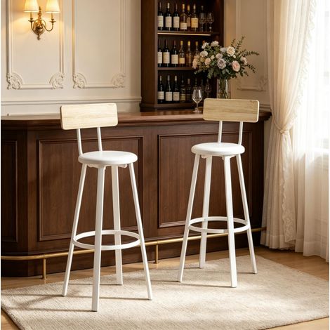 Juego de 2 taburetes de bar 41,5/36,5/99,5 cm roble y blanco con respaldo y reposapiés (1/5)