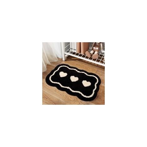Tapis de bain noir et blanc en forme de cœur - tapis d'entrée absorbant et antidérapant - lavable en machine (noir)