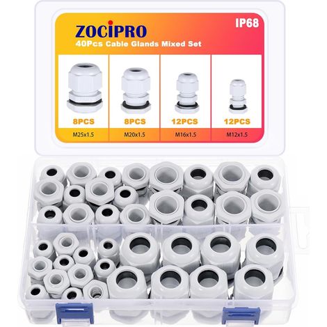 40pcs Presse-Étoupes Étanches M12 M16 M20 M25, IP68 Presse Etoupe Etanche avec écrou de Verrouillage et Rondelle, Connecteurs de Conduit de Câble en Nylon Plastique pour Jardin Extérieur (1/5)