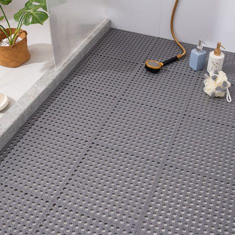 Tapis antidérapant à ventouses, lot de 10, plastique mosaïque, revêtement de sol pour cuisine et salle d'eau, couleur gris (1/4)