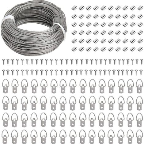 Kit d'accrochage pour tableaux : fil de suspension en acier inoxydable de 30 m, 60 crochets en D avec vis et 60 manchons à sertir en aluminium pour accrocher tableaux et photos. (1/3)