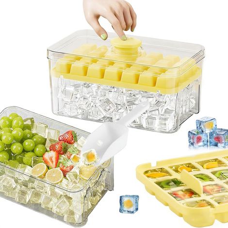 Bac a Glacons avec Couvercle, Lot de 56 Bac à Glacons, Moule a Glacon,2 Plateaux, 1 Seau à Glace et Pelle (Jaune) (1/5)