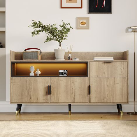 Credenza 160x35x82 cm - con ripiani aperti, cassetto centrale e ante laterali - Design in legno naturale e metallo nero