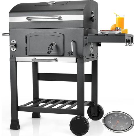Charcoal BBQ Grill Trolley with Lid,Barbecue Smoker with Wheels, Thermometer, Folding Side Table, Adjustable Charcoal Tray, Pull-Out Ashtray, Outdoor Barbecue Grill for Garden, Parties (1/5)