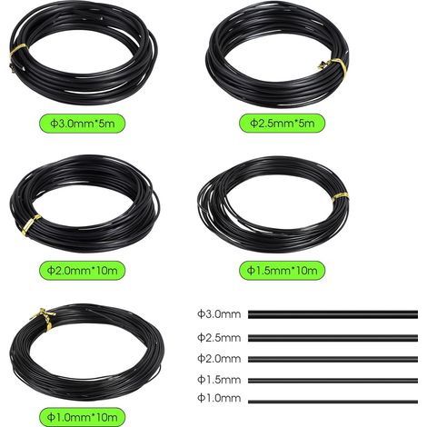 5 Rouleaux de fil de fer pour bonsaï Anodisé Aluminium Fil de fer pour bonsaï Plantes de bonsaï 5 tailles -1,0mm /1,5mm /2,0mm /2,5mm /3,0mm, Noir, 50m au total (1/4)