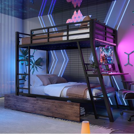 Letto a castello 90x200 cm, con scrivania, scala, sponda, 2 cassetti e illuminazione LED, senza materasso, nero (1/5)