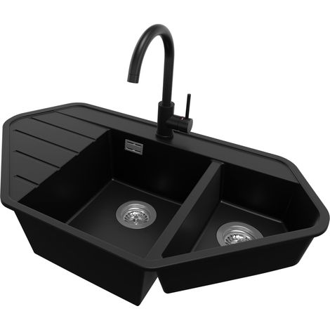 PRIMAGRAN Evier d'angle en Granit 90x50cm, Lavabo Cuisine 1,5 bacs + Kit de Vidage + Accessoire, Évier à Encastrer au meuble 80cm - Copenhague Corner, Noir