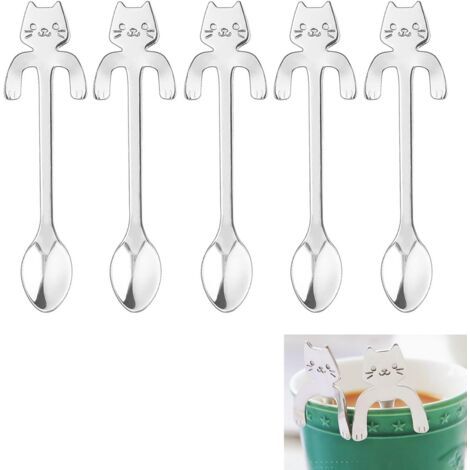 SHINING HOUSE 5 PCS (11.7  1.9cm) petite cuillère à café chat acier inoxydable 304 café crème glacée cuillère à café dessert thé mignon cuillère à café nouveauté Mini cuillère à soupe résistant à l'us