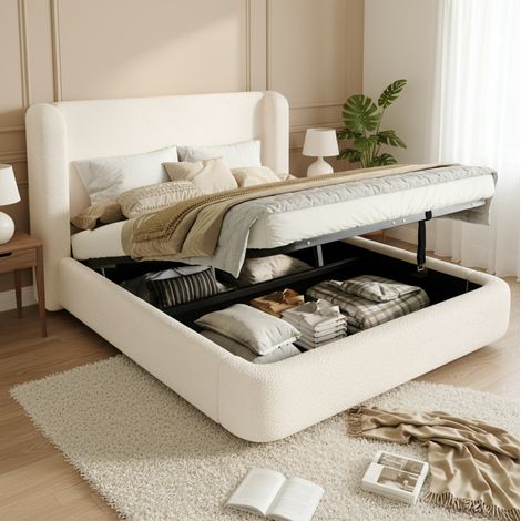 Lit double moderne bouclé beige 160x200 cm avec tête de lit rembourrée, sommier à lattes et coffre relevable (1/5)