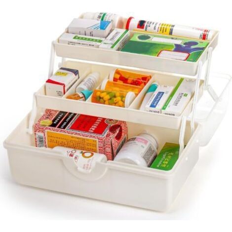 Boîte de Rangement à 3 Couches Pour Médicaments - Portable Avec Poignée, Premiers Soins, Pharmacie - Transparente/Blanche (1/5)