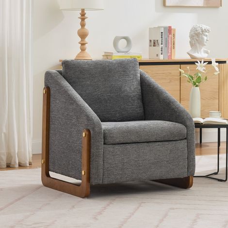 Canapé d'appoint design avec accoudoirs bois et housse chenille gris - Coussin dossier inclus - 73,5 x 73,5 x 73,5 (cm) (1/5)