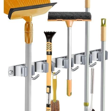 Accroche Balai Mural, Porte Balais en Acier inoxydable, Support Cintre de Rangement pour Cuisine, Buanderie, Organisation du Garage (5 Emplacements et 4 Crochets) (1/4)