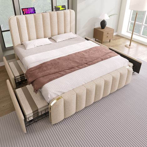 Cama tapizada 160x200 cm beige en lino con cabecero USB-C, 4 cajones y somier de láminas (1/5)