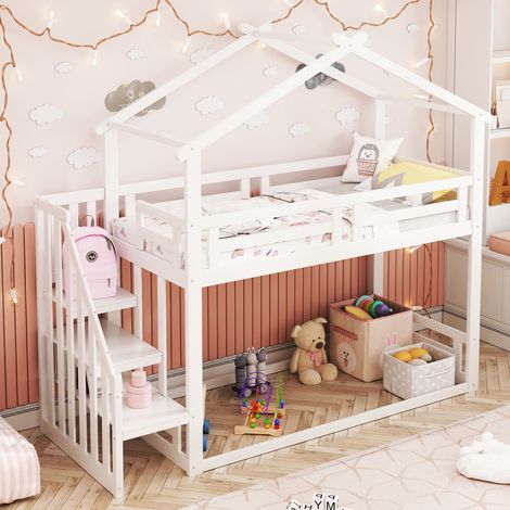 Etagenbett Kinderbett Massivholz Weiß 90x200 cm mit Lattenrost, Sicherheitsleiter und Stauraumregal