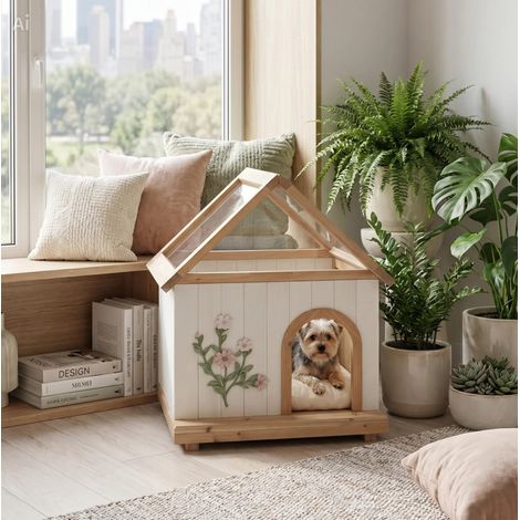 Casa para gatos de madera 60x55x80 cm, con techo de acrílico, panel frontal extraíble, blanco (1/5)