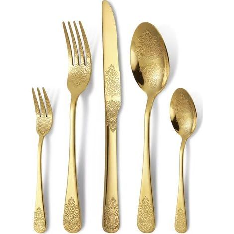 20-piece floral pattern stainless steel cutlery set, including forks, spoons, and knives. Vintage style, mirror polished, kitchen-friendly, dishwasher safe, serves 4 - gold. (1/5)