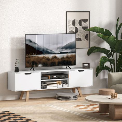 Meuble TV / Banc TV (Adapté aux téléviseurs jusqu'à 65 pouces) — Un meuble TV bas, doté de deux compartiments de rangement et de deux étagères ouvertes  conçu spécifiquement pour le salon. (1/4)