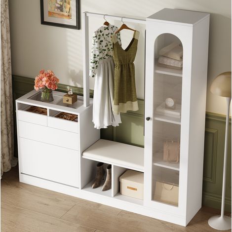 Mueble de recibidor 163x35x161 cm de aglomerado blanco, almacenaje 6 en 1 (1/5)