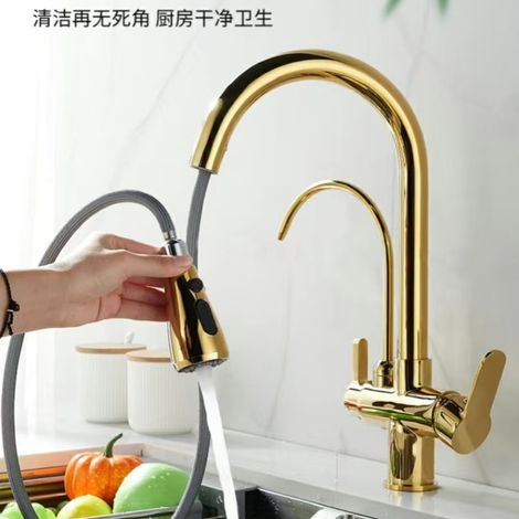All-copper kitchen faucet, pull-out type, hot and cold drinking water, three-in-one faucet for sinks and vegetable wash basins – copper body, titanium alloy [one-button stop valve]