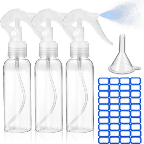 Lot de 3 flacons pulvérisateurs transparents 100 ml – Vaporisateur rechargeable avec entonnoir & étiquettes, idéal pour voyage, cosmétiques et nettoyage. Distributeur de liquide vide en plastique. (1/5)