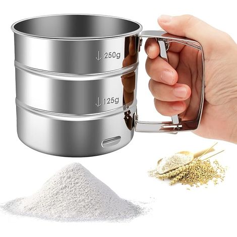 Mehlsieb - Tragbares Mehlsieb aus Edelstahl, Mehlstreuer für die Küche mit manueller Pressfunktion, großes Fassungsvermögen für Puderzucker und Kuchenmehl (silber)