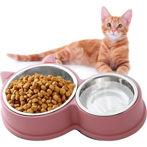 Ciotola per gatti, ciotola doppia per gatti, set di ciotole per gatti in acciaio inossidabile, ciotola doppia per gatti, mangiatoia e abbeveratoio per cuccioli (rosa) (1/4)