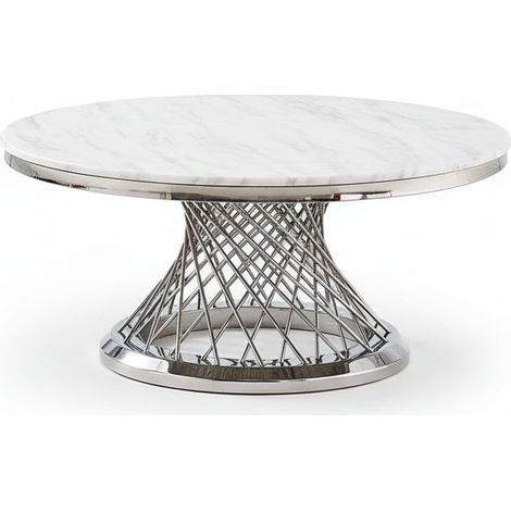 Table Basse DELUXE Ronde Plateau Verre Trempé Marbré Blanc Structure Chrome D100x45cm (1/5)